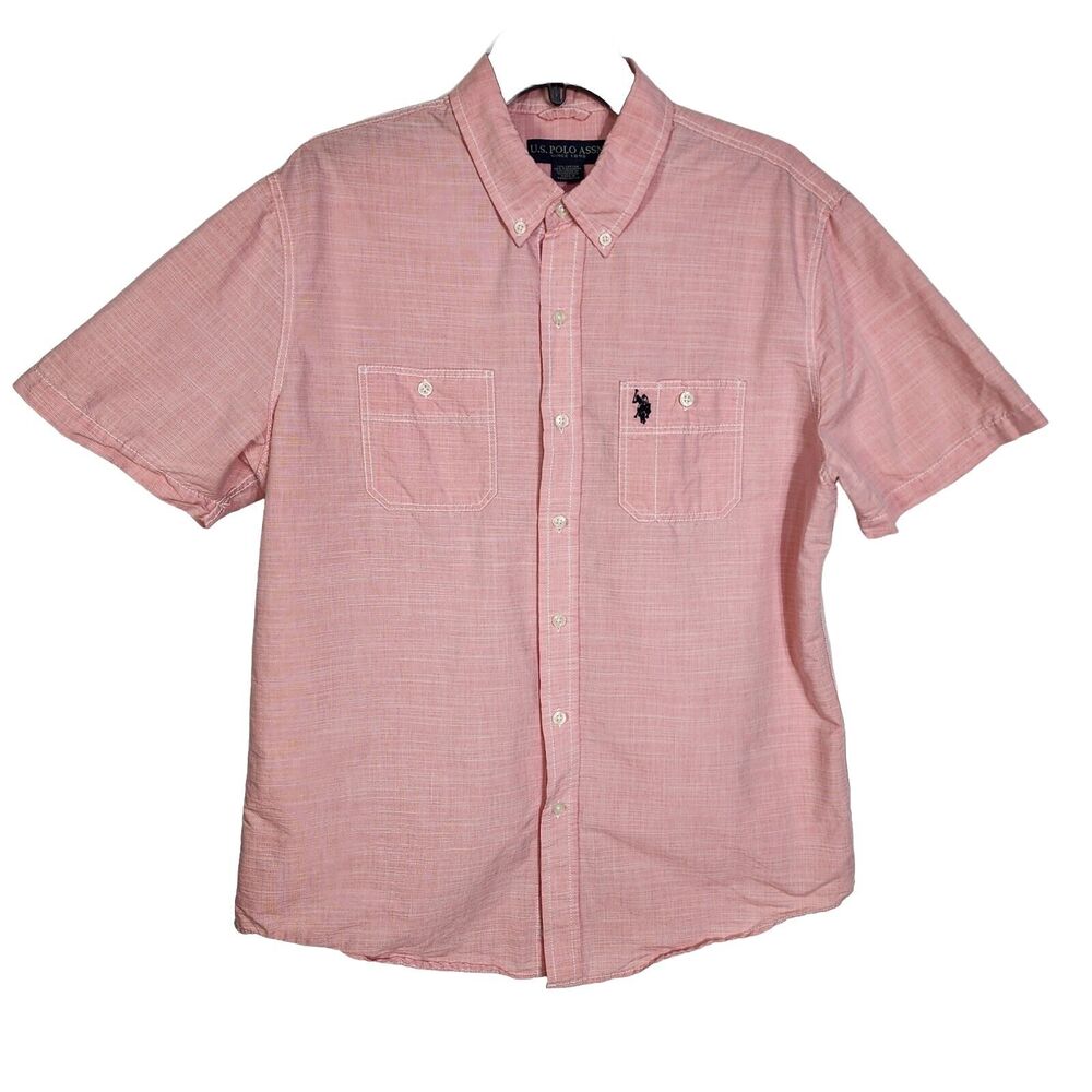 US Polo Assn Mens Shirt Large Slub Woven Barbiecore Pink Short Sleeve Button Up